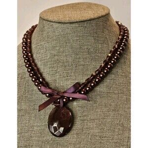 Vintage Plum Multi-Strand Pearl & Crystal Ribbon Bow Necklace | Whimsigoth Goth